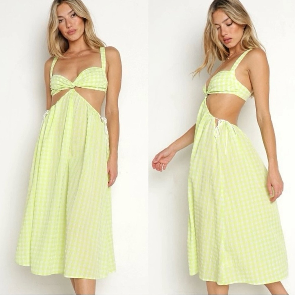NWT For Love & Lemons Maureen Midi Dress Green Gingham Cutout Tie Back, Size L - Picture 2 of 10